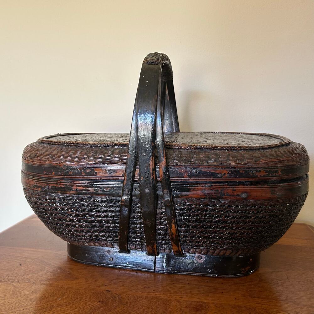 Vintage, Hand-Woven Chinese Bamboo and Rattan Basket, Black Lacquer